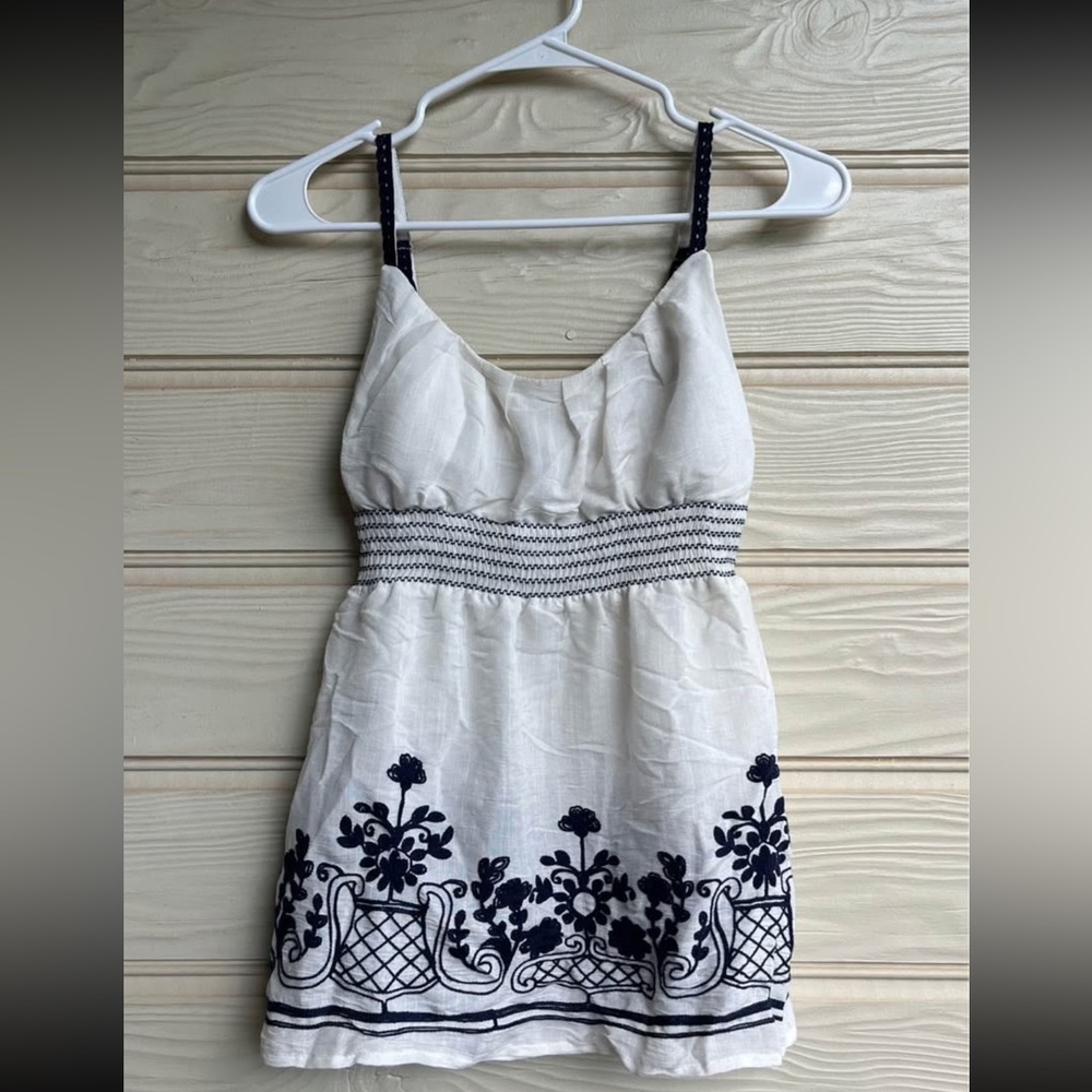 Vintage White and Navy Embroidered Babydoll Top